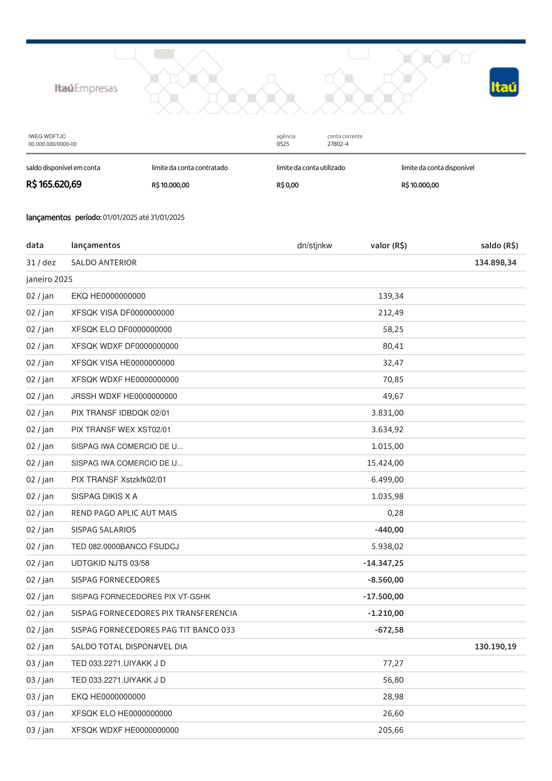 Extrato Itaú anonimizado